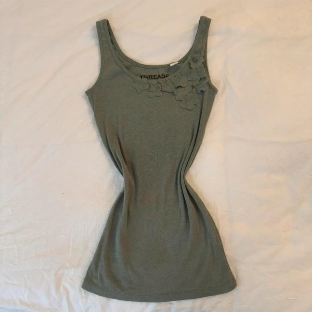Green Tank with Floral Embroidery